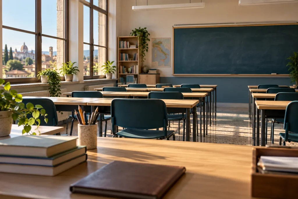 Aula scolastica luminosa con banchi e lavagna