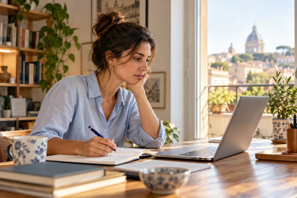Donna adulta che studia con un computer e un quaderno
